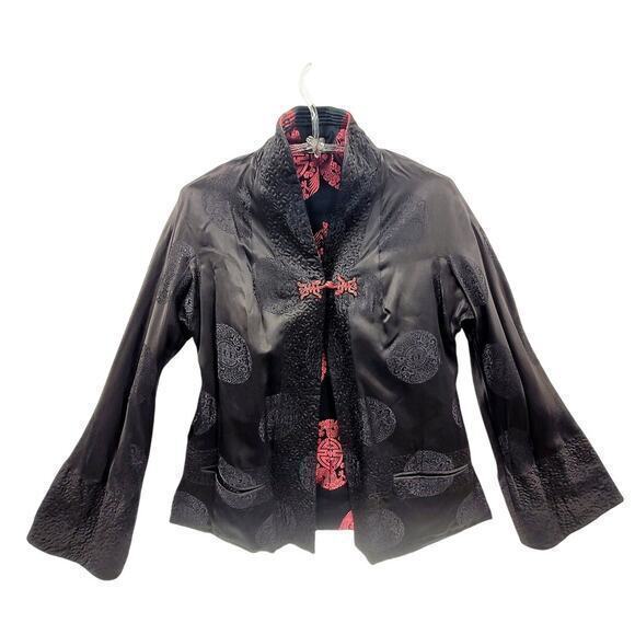 Vintage Cheongsam Black Red Embroidered Bell Sleeve Toggle Reversible Jacket - Picture 3 of 16